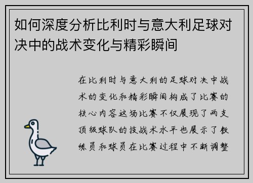 如何深度分析比利时与意大利足球对决中的战术变化与精彩瞬间