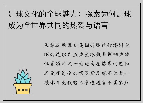 足球文化的全球魅力：探索为何足球成为全世界共同的热爱与语言