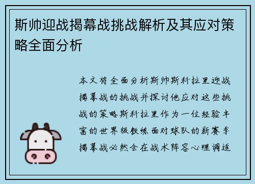 斯帅迎战揭幕战挑战解析及其应对策略全面分析