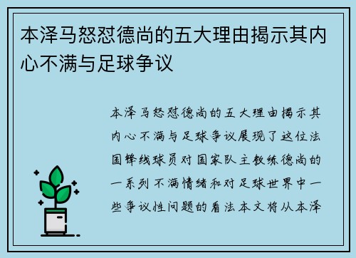 本泽马怒怼德尚的五大理由揭示其内心不满与足球争议